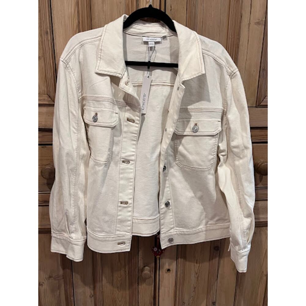 NWT Chico's Jacket Cropped Pleat Denim Sea Salt Cream XXL Preppy Boho Casual
